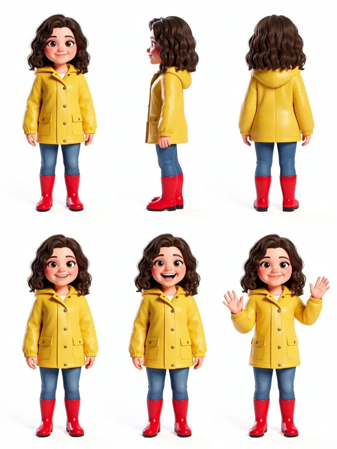 Charakterblatt mit sechs Ansichten derselben 3D-Figur: vorne, Seite, hinten, lächelnd, lachend, winkend. KI-generiert, fiktive Person.