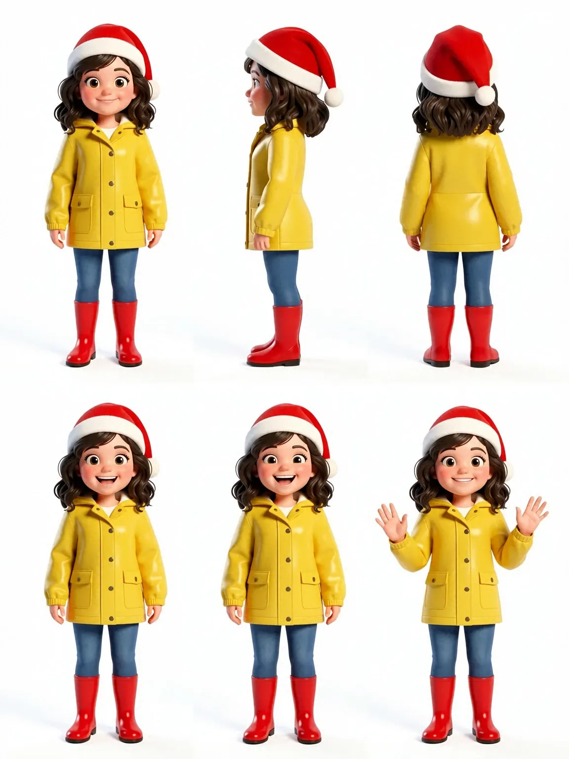 Charakterblatt mit sechs Ansichten derselben 3D-Figur: vorne, Seite, hinten, lächelnd, lachend, winkend. KI-generiert, fiktive Person.