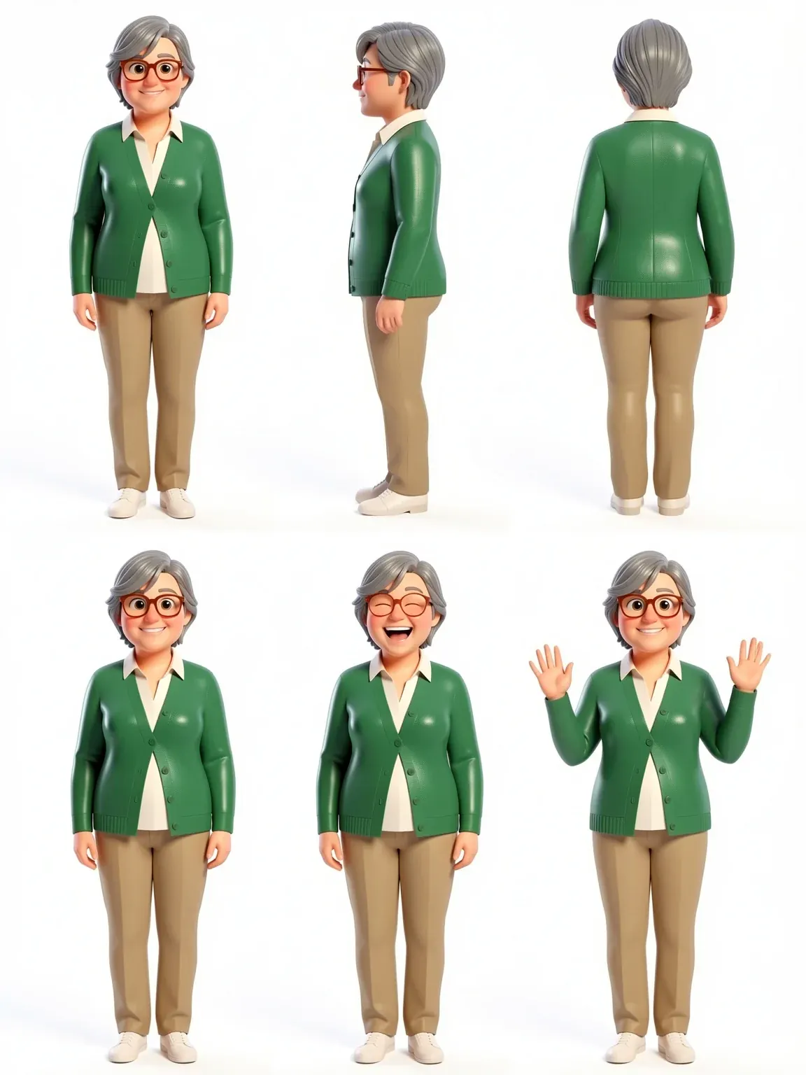 Charakterblatt mit sechs Ansichten derselben 3D-Figur: vorne, Seite, hinten, lächelnd, lachend, winkend. KI-generiert, fiktive Person.