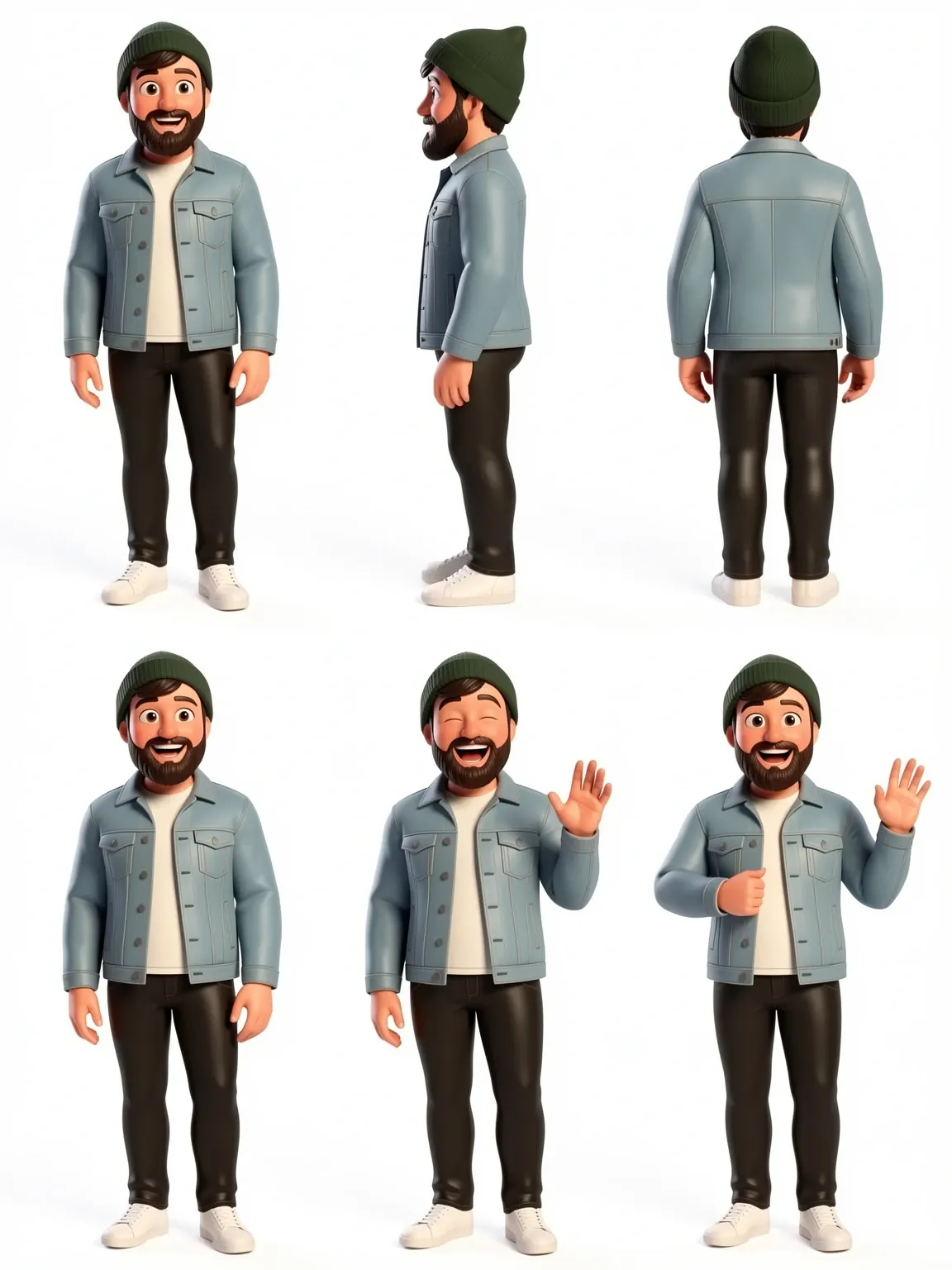 Charakterblatt mit sechs Ansichten derselben 3D-Figur: vorne, Seite, hinten, lächelnd, lachend, winkend. KI-generiert, fiktive Person.